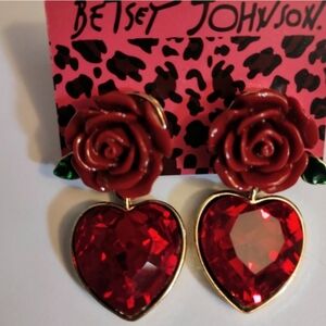 Vintage Betsey Johnson Red Rose Heart Dangle Earrings